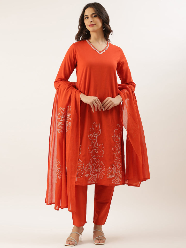 Neerus Orange Rayon Embroidered Suit Set - front view