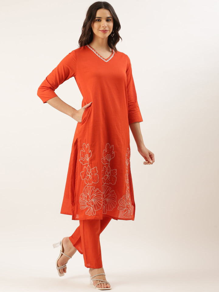 Neerus Orange Rayon Embroidered Suit Set - back view