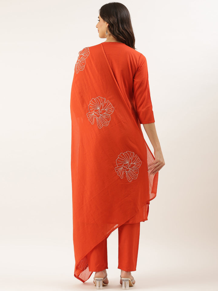 Rust Rayon Embroidery Three Piece Suit Set