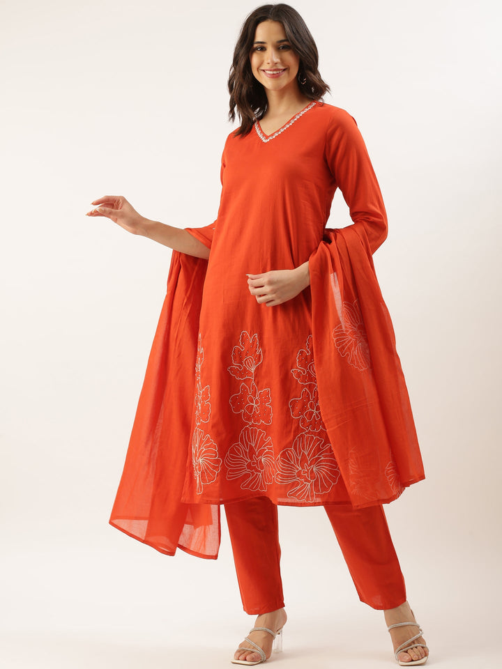 Rust Rayon Embroidery Three Piece Suit Set