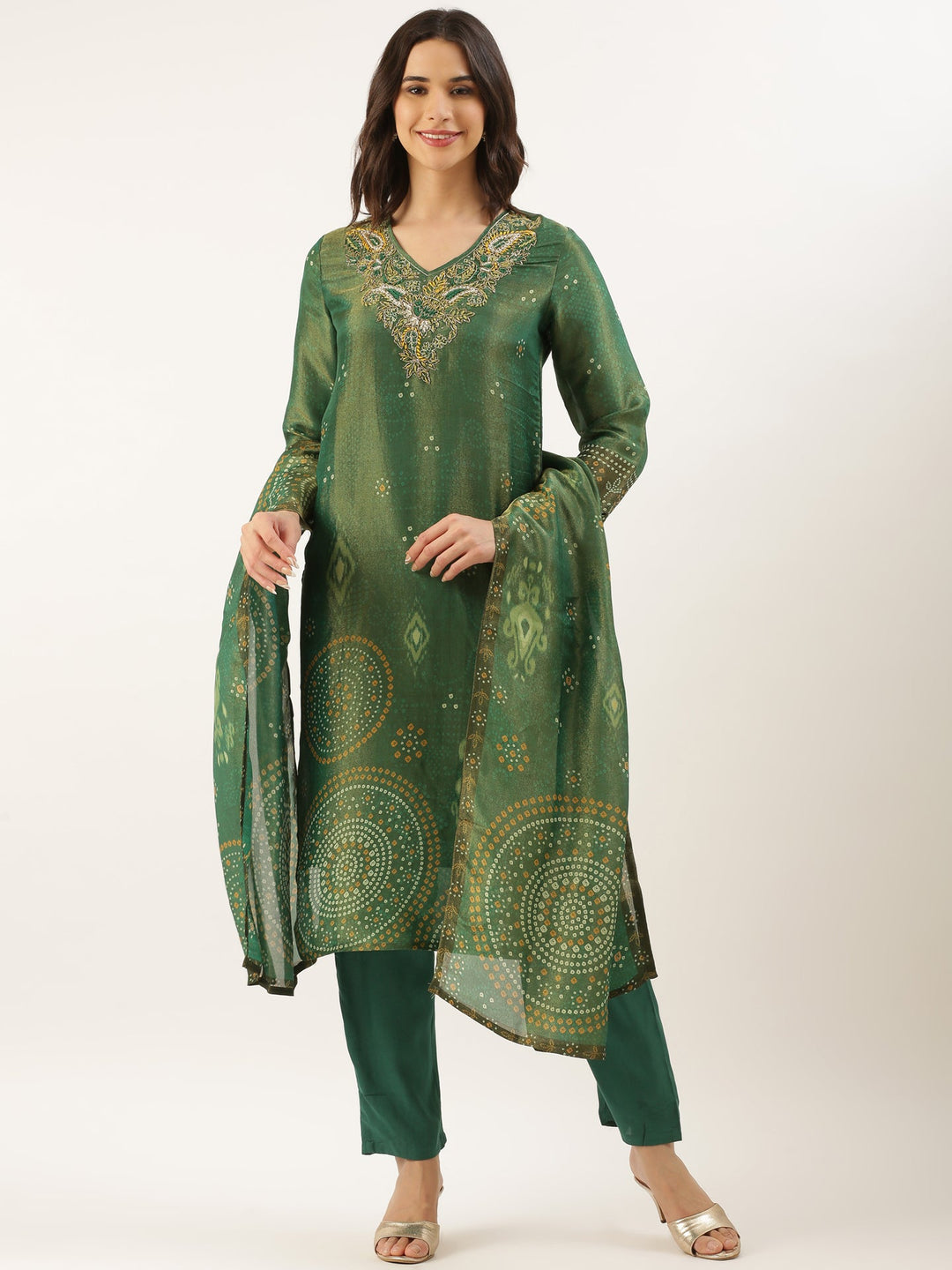 Neerus Green tissue embroidered suit set - front view