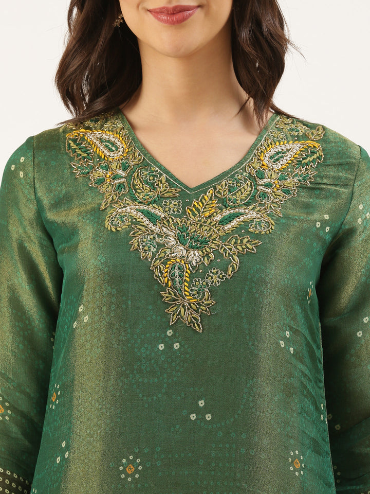 Green Tissue Printed Embroidery Three Piece Suit Set