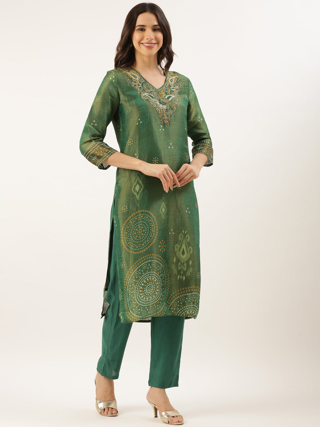 Neerus Green tissue embroidered suit set - back view