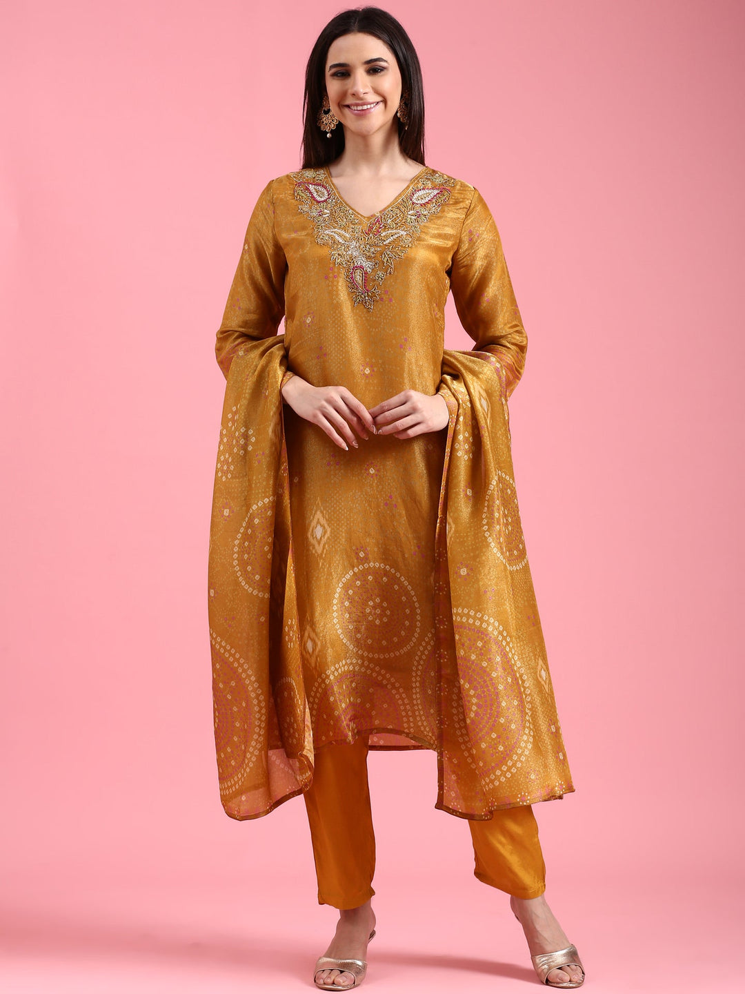 Neerus Yellow tissue embroidered suit set - front view