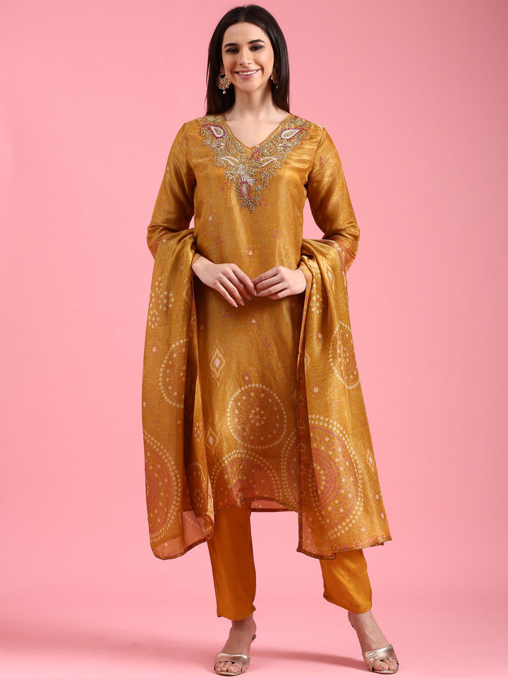 Neerus Yellow tissue embroidered suit set - front view