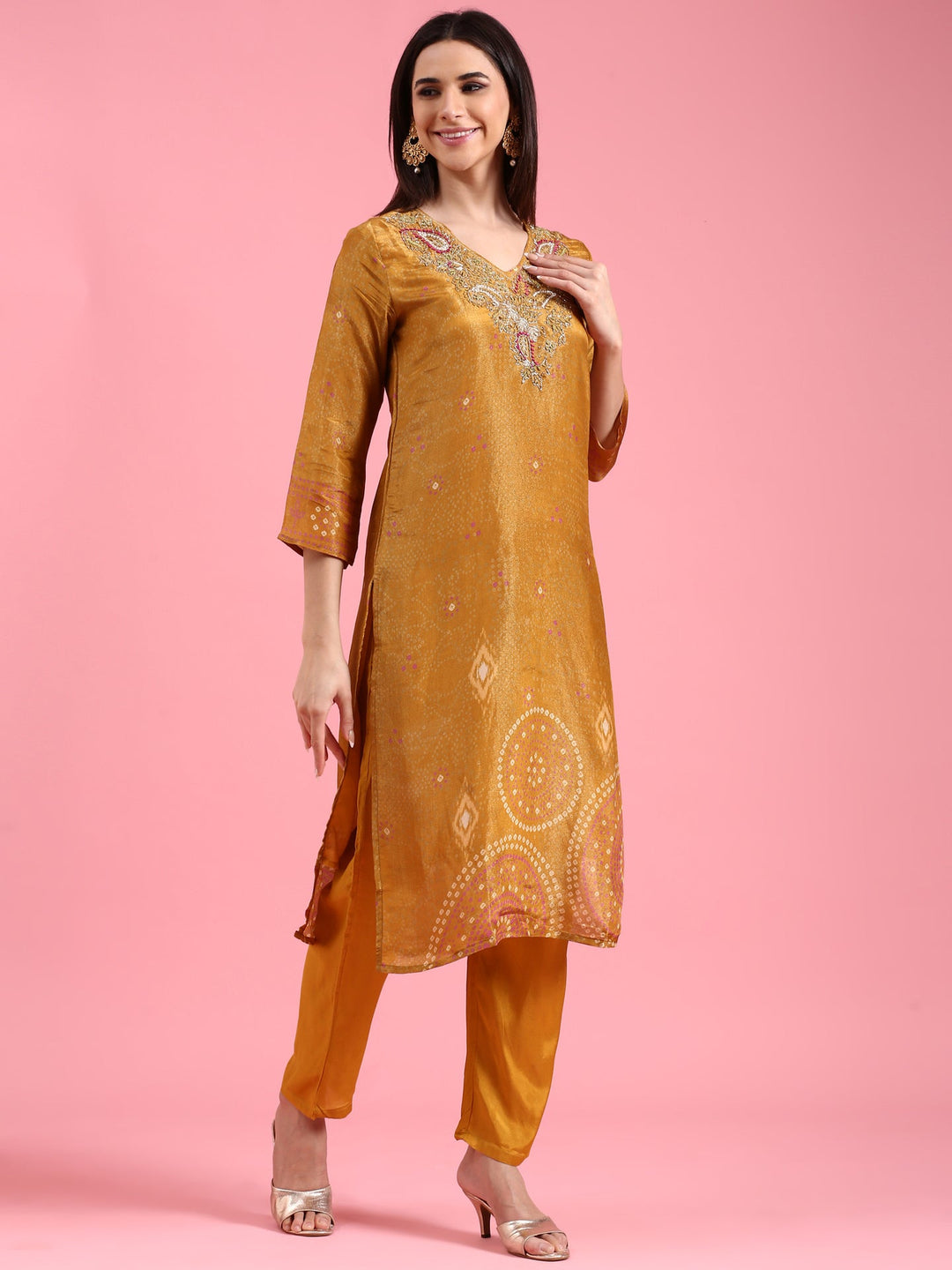 Neerus Yellow tissue embroidered suit set - back view