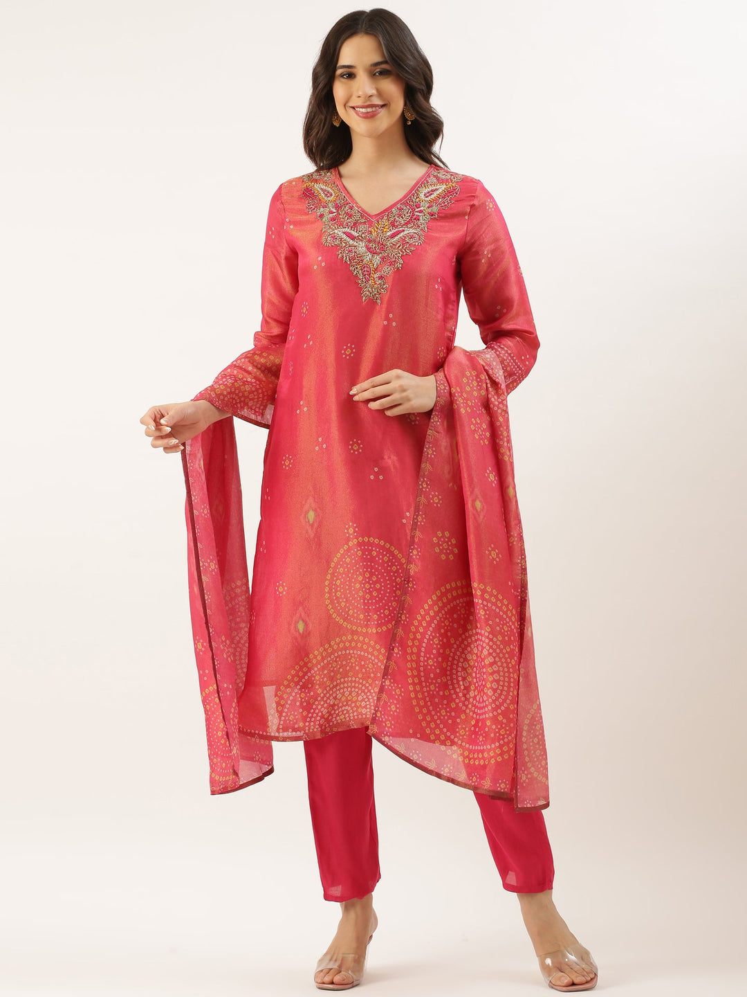 Neerus Pink tissue embroidered suit set - front view