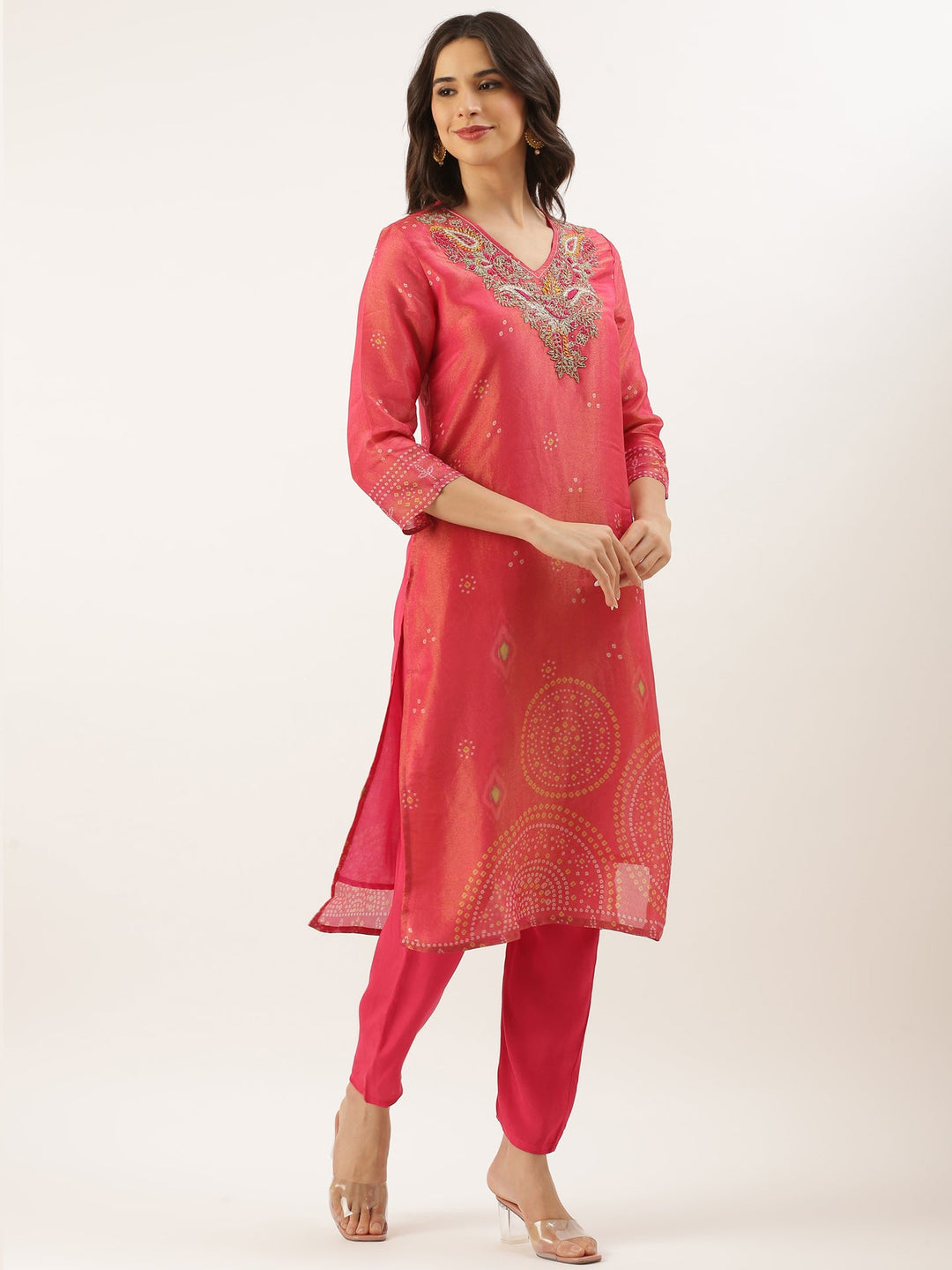 Neerus Pink tissue embroidered suit set - back view