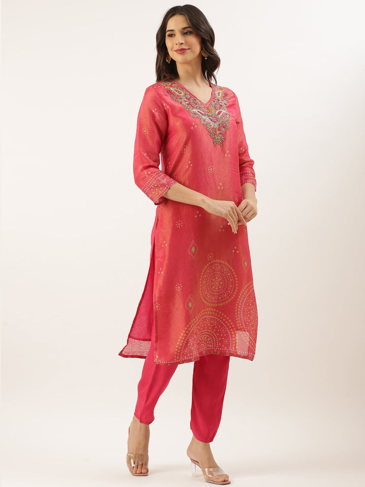 Neerus Pink tissue embroidered suit set - back view