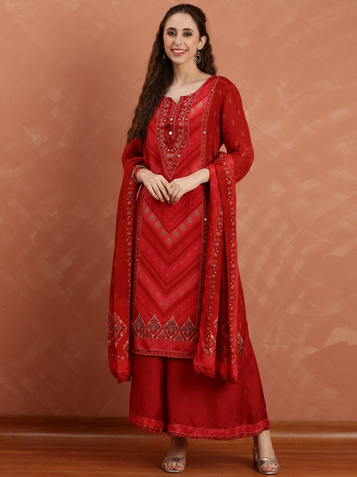 Maroon Crepe Printed Three Piece Suit Set