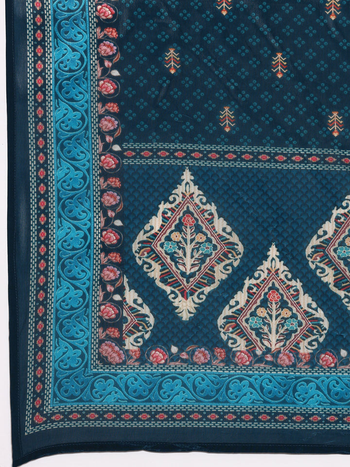 Peacock Blue Crepe Printed Three Piece Suit Set