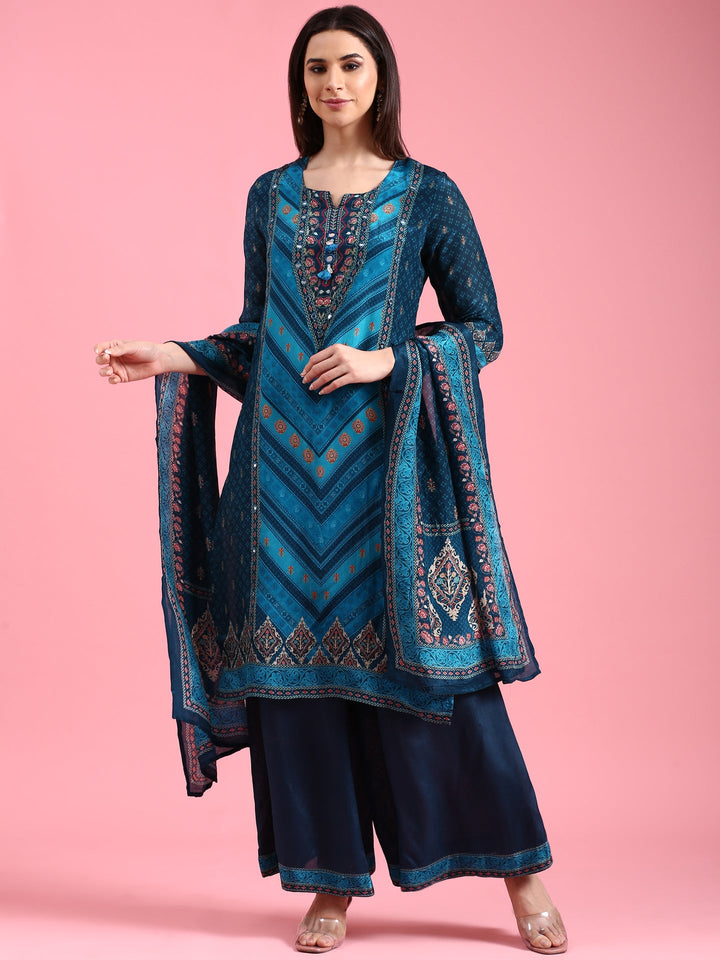 Peacock Blue Crepe Printed Three Piece Suit Set