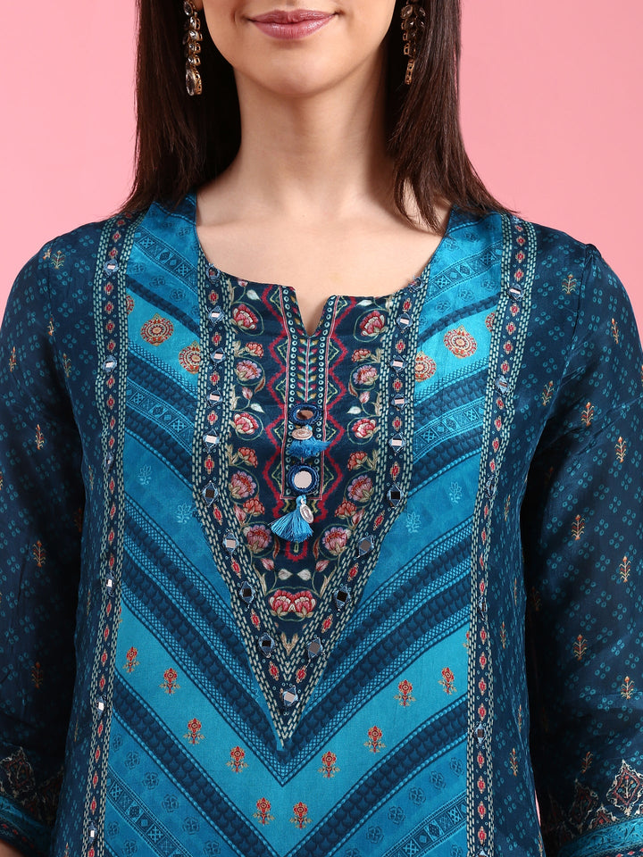 Peacock Blue Crepe Printed Three Piece Suit Set