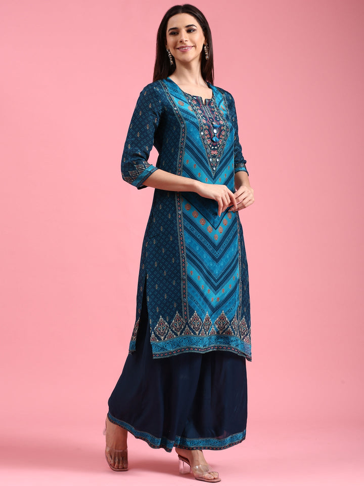 Peacock Blue Crepe Printed Three Piece Suit Set