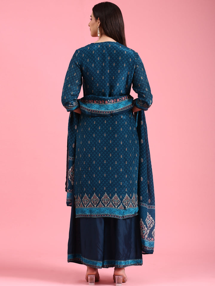 Peacock Blue Crepe Printed Three Piece Suit Set