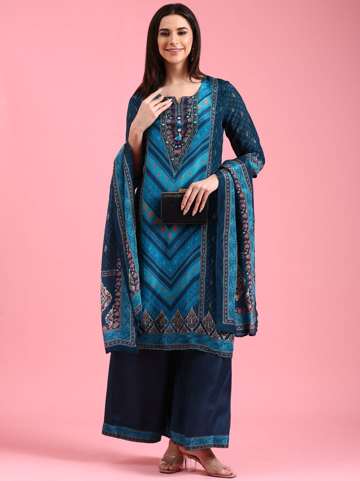 Peacock Blue Crepe Printed Three Piece Suit Set