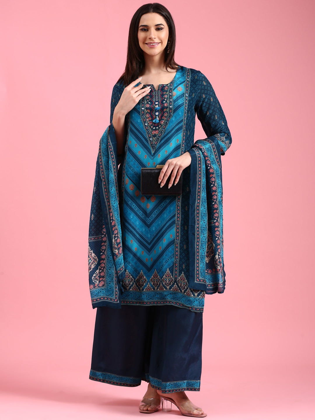 Neerus Blue crepe printed suit set - detail view 2