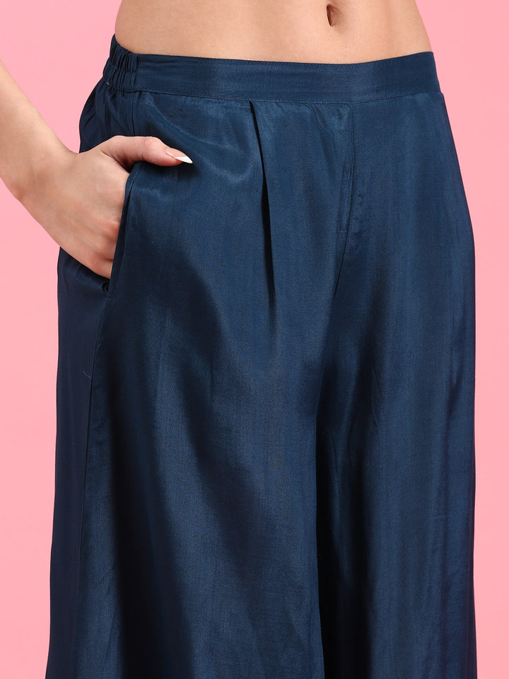 Peacock Blue Crepe Printed Three Piece Suit Set