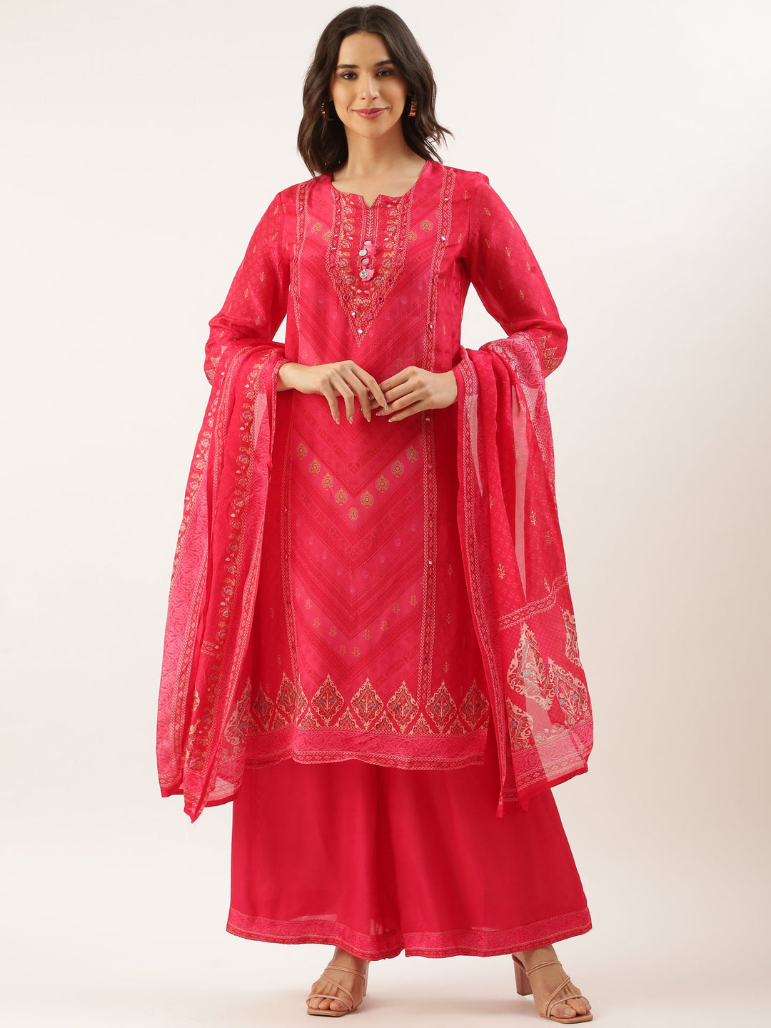 Neerus Pink crepe printed suit set - front view