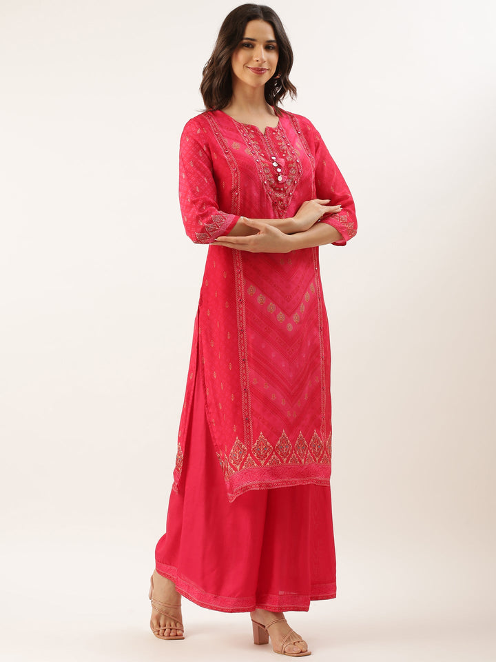 Rani Pink Crepe Printed Three Piece Suit Set