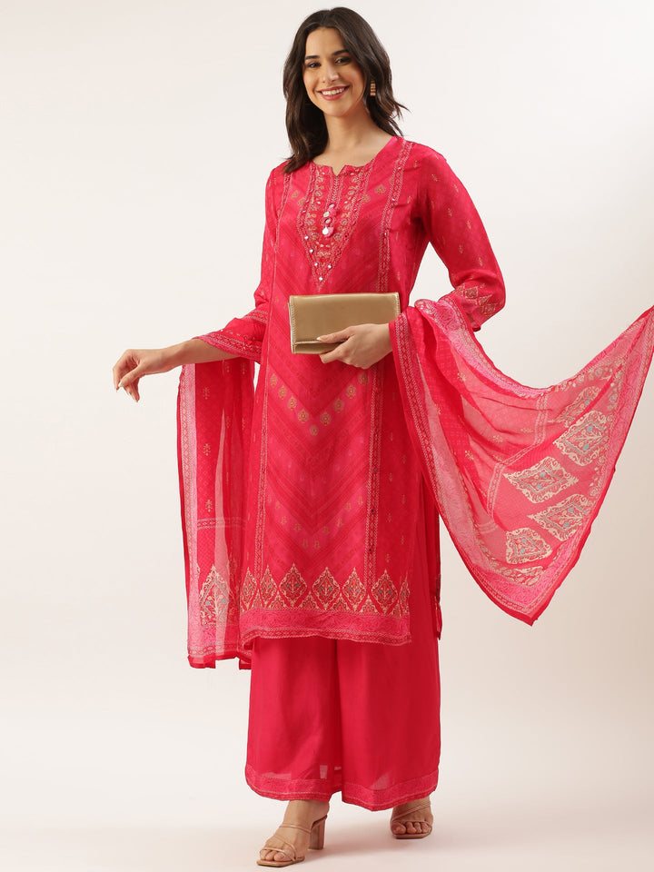 Rani Pink Crepe Printed Three Piece Suit Set