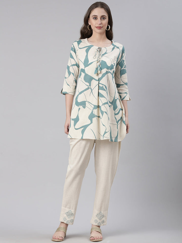 Neerus Cream Casual Printed Kurti with Trousers