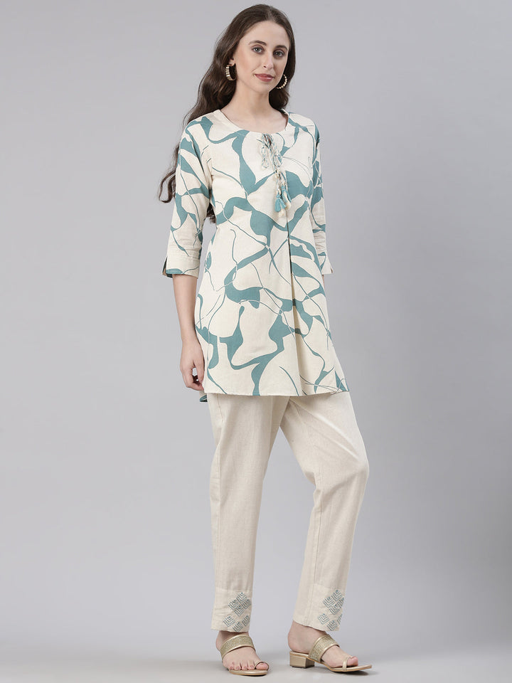 Neerus Cream Casual Printed Kurti with Trousers