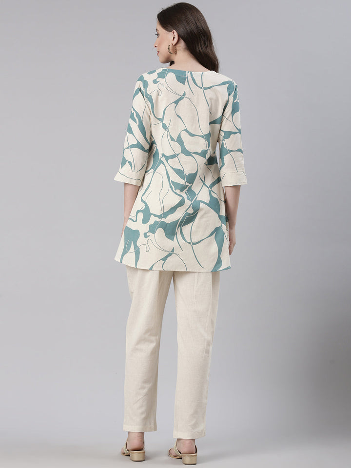 Neerus Cream Casual Printed Kurti with Trousers