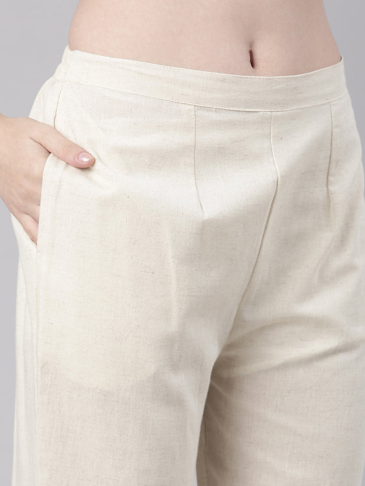 Neerus Cream Casual Printed Kurti with Trousers