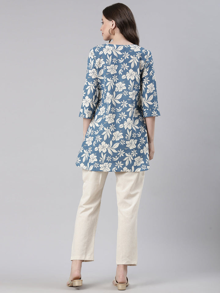 Neerus Blue Casual Printed Kurti with Trousers