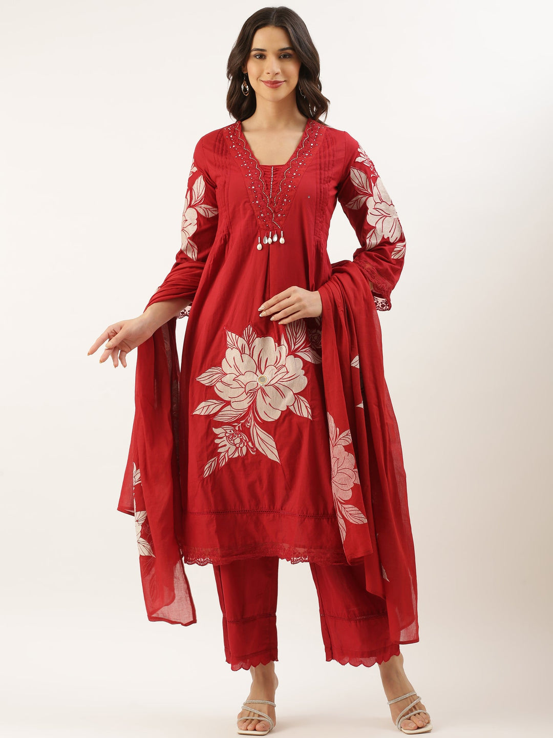 Neerus Maroon cotton embroidered suit set - front view