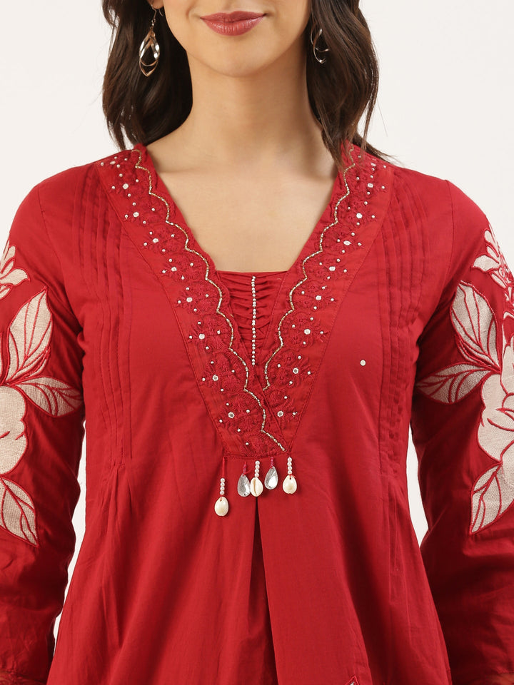 Maroon Cotton Print With Embroidery Three Piece Suit Set