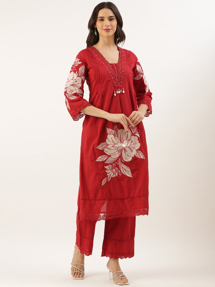 Neerus Maroon cotton embroidered suit set - back view