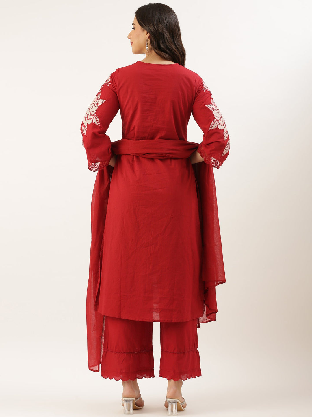Neerus Maroon cotton embroidered suit set - side view