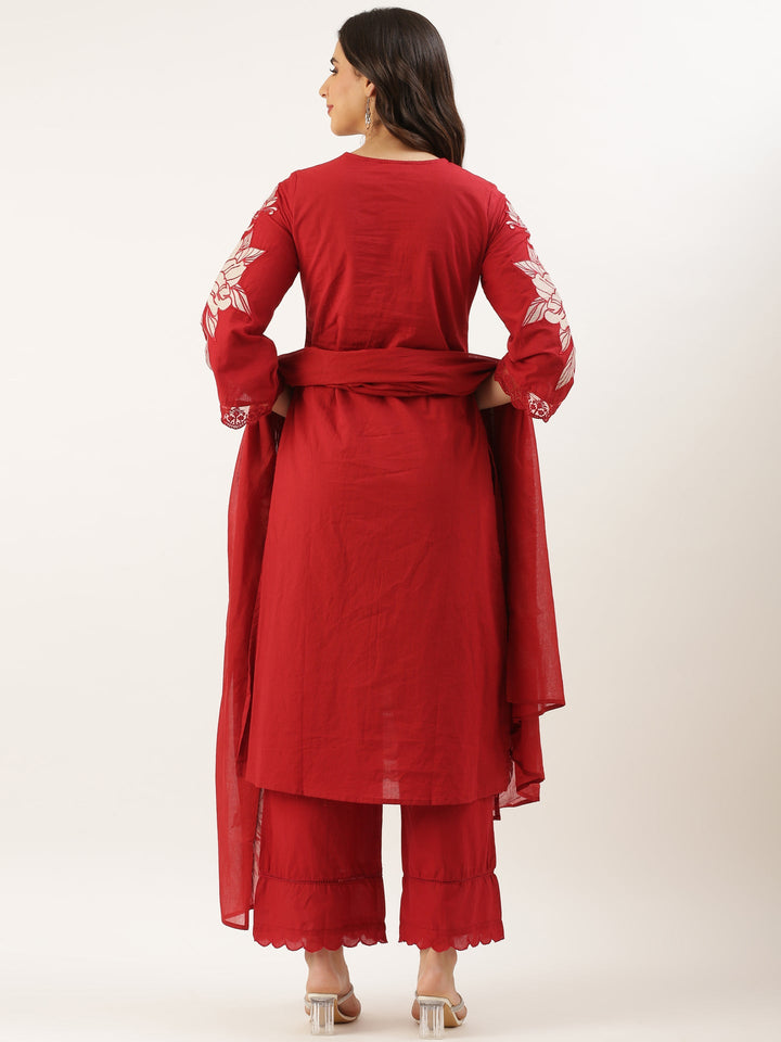 Maroon Cotton Print With Embroidery Three Piece Suit Set