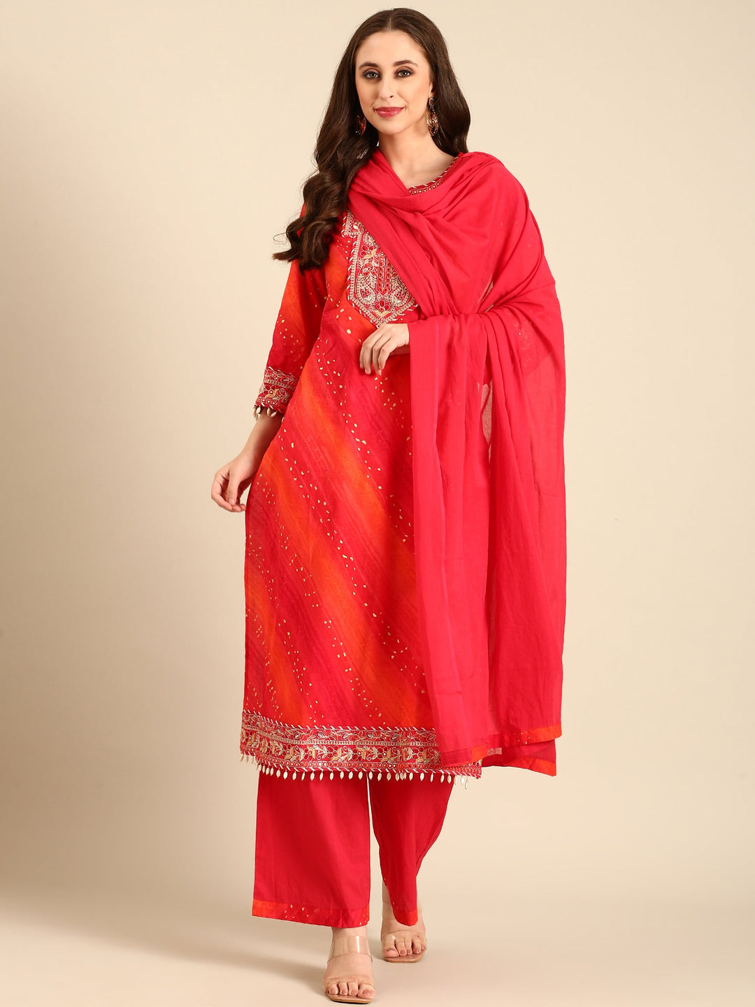 Neerus Pink muslin hand embroidered suit set - front view