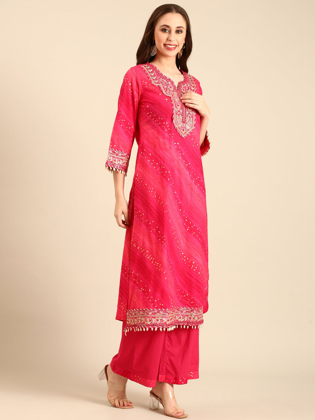 Neerus Pink muslin hand embroidered suit set - side view