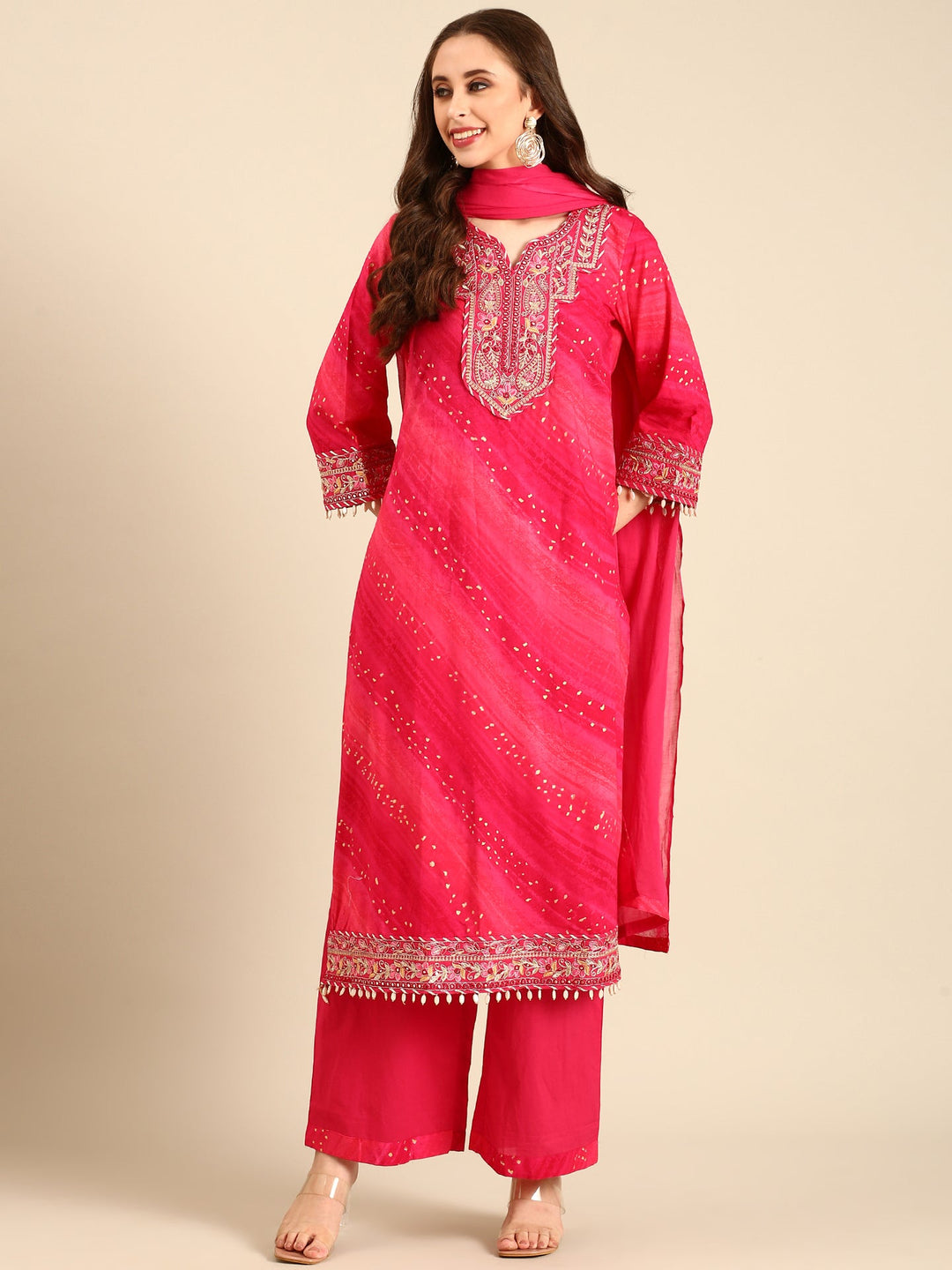 Neerus Pink muslin hand embroidered suit set - front view