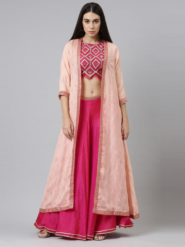 Neerus Pink silk embellished co-ord set top and skirt - front view