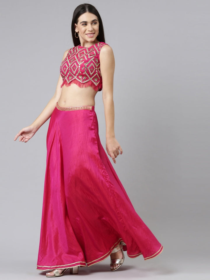 Neerus Pink silk embellished co-ord set top and skirt - back view