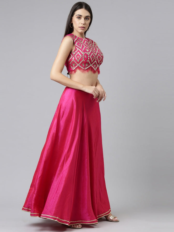Neerus Pink silk embellished co-ord set top and skirt - side view