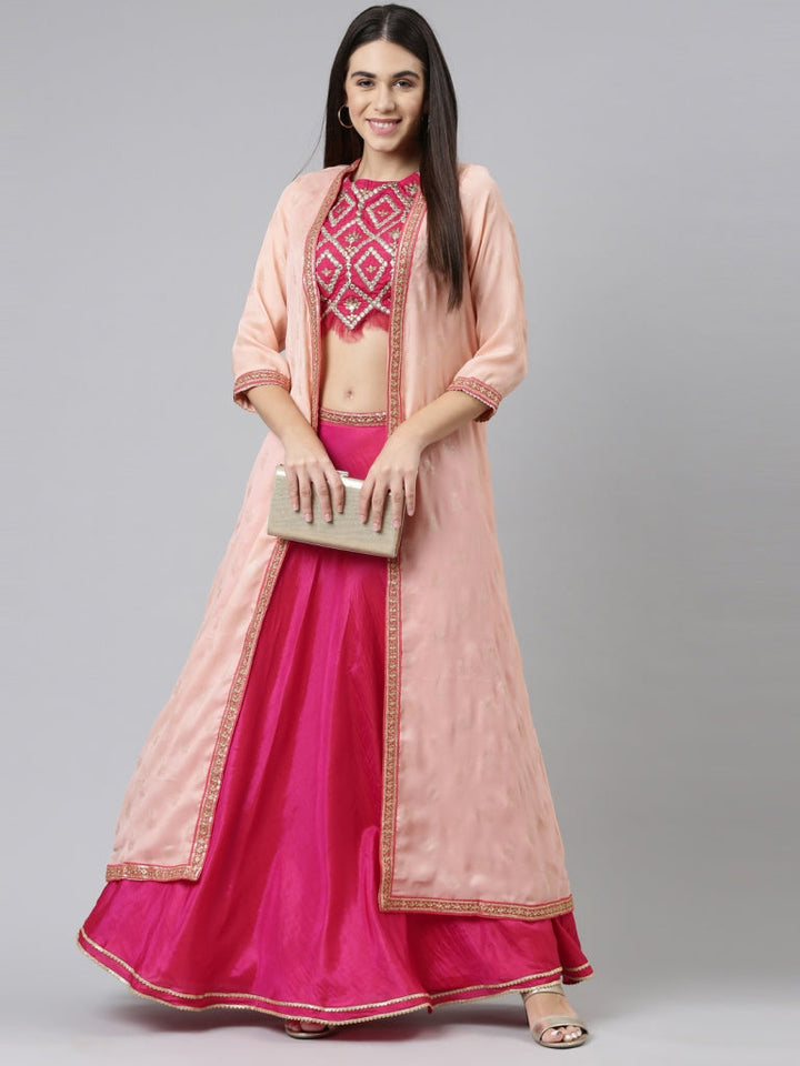 Neerus Pink silk embellished co-ord set top and skirt - detail view 4