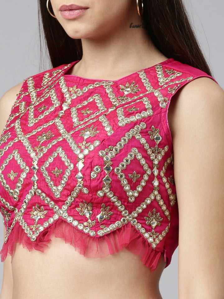 Neerus Pink silk embellished co-ord set top and skirt - detail view 2
