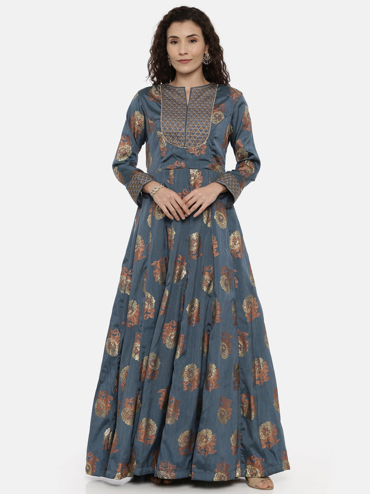 Neerus Blue printed maxi dress - front view