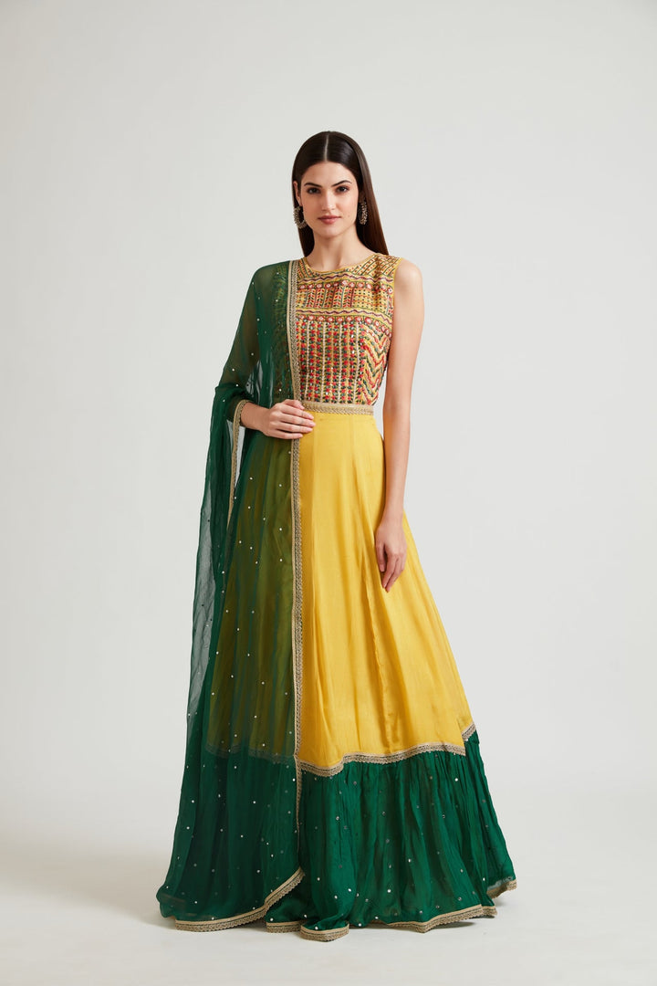 Neerus Yellow Chinon Anarkali Gown - front view
