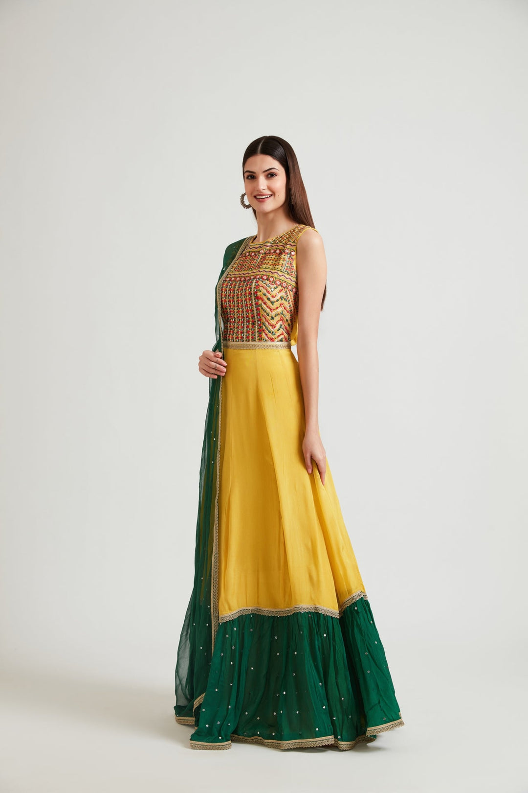 Neerus Yellow Chinon Anarkali Gown - back view