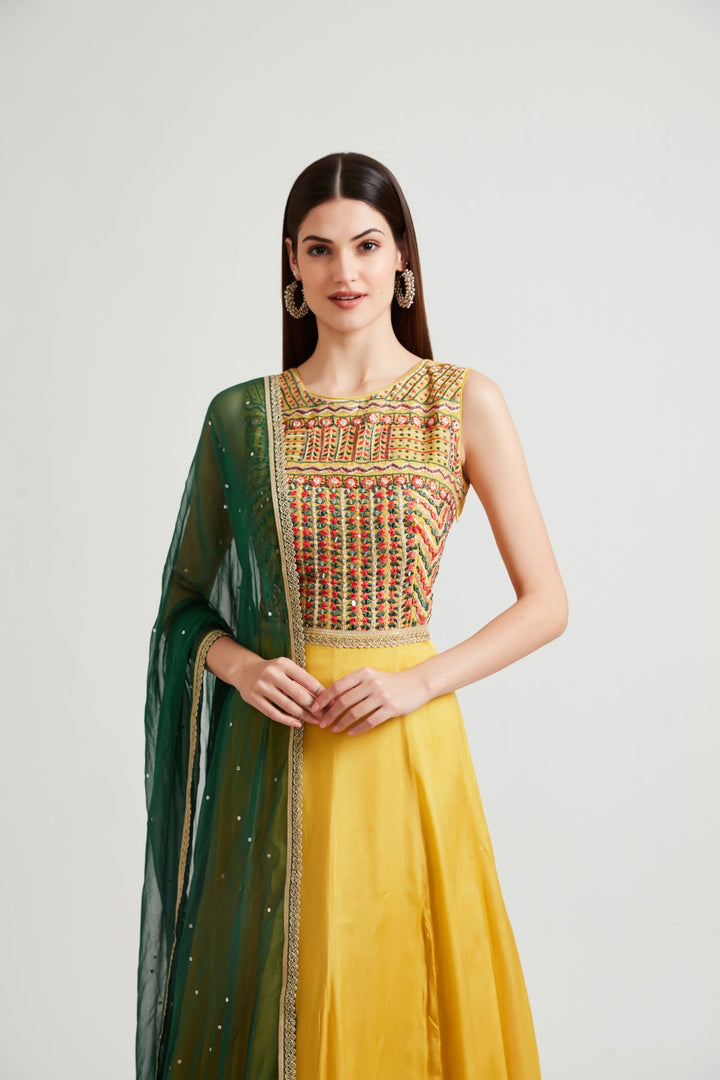 Neerus Yellow Chinon Anarkali Gown - detail view 1
