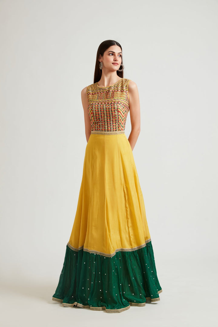 Neerus Yellow Chinon Anarkali Gown - detail view 2
