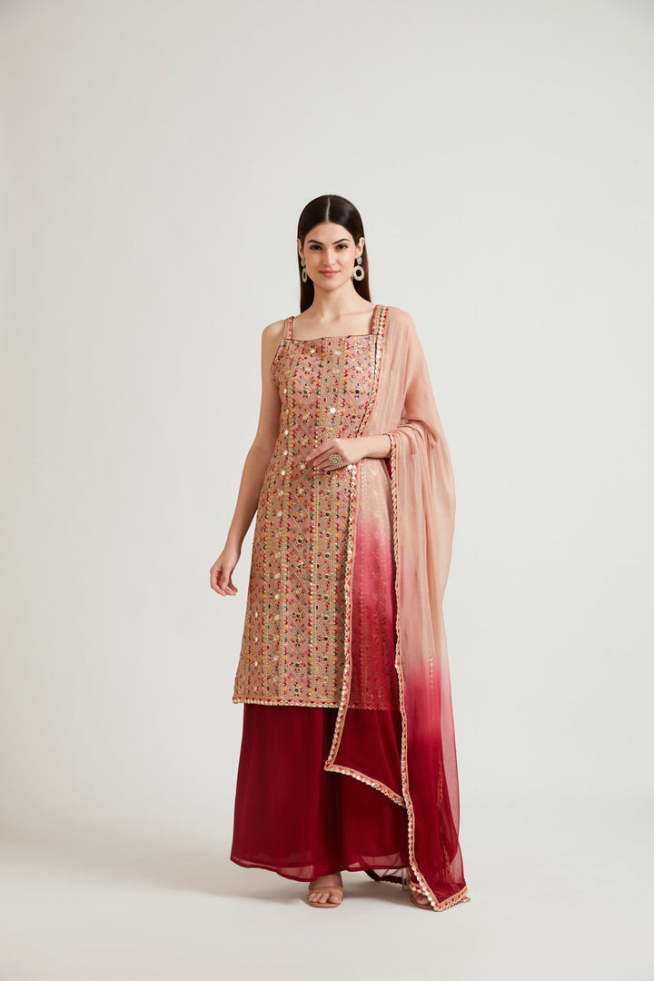 Neerus Pink solid kurta palazzo suit set - front view
