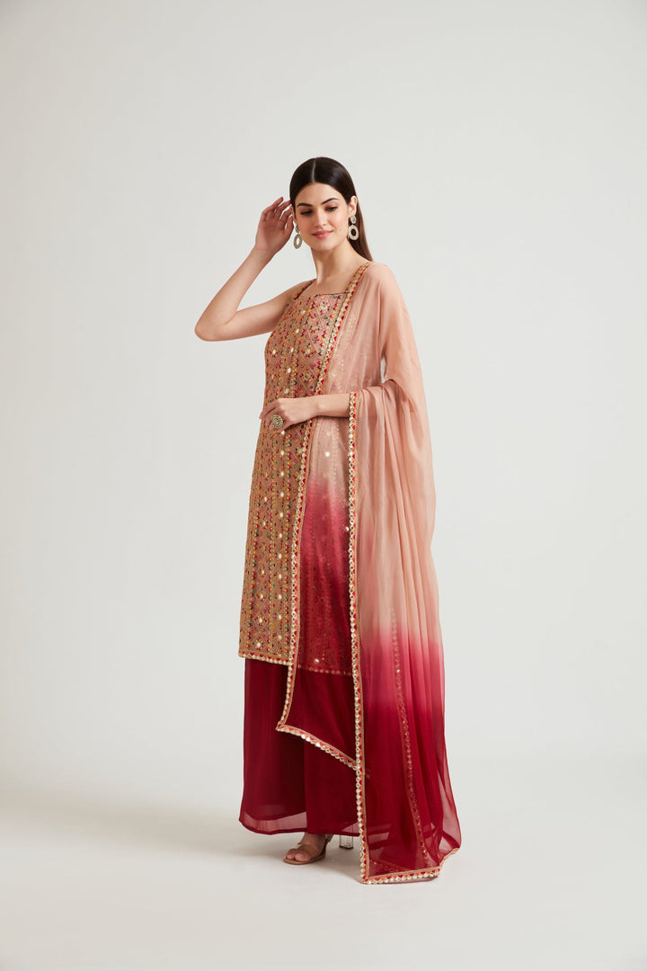 Neerus Pink solid kurta palazzo suit set - back view